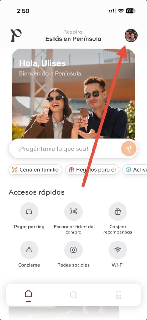 Pantalla de Inicio de Península con una flecha señalando la foto de perfil arriba a la derecha