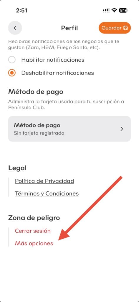 Pantalla de Perfil de Península con una flecha señalando Más opciones